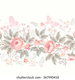 seamless floral border with roses and butterflies on white background