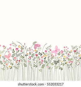 seamless floral border with roses and butterflies