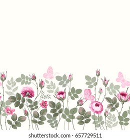 seamless floral border with roses and butterflies