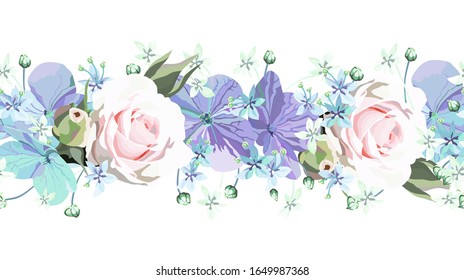Seamless Floral border with softness roses and purple flowers and small light blue florets on white background. Isolated Ornate vector element for design, card, decoration.