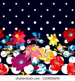 Seamless floral border with Spanish motifs. Colorful wildflowers, narcissus and peonies on black background.  Trendy design for textile, cards and covers.