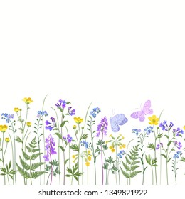 seamless floral border with spring flowers and butterflies