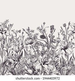 Seamless floral border with spring and summer garden flowers. Blooming. Black and white.