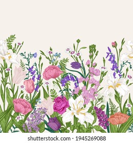 Seamless floral border with spring and summer garden flowers. Vector botanical illustration.
Iris, poppy, tulip, bell, lilac, levkoy, carnation, forget-me-not. Blooming. Colorful.