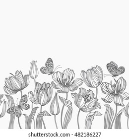 seamless floral border with tulips and butterflies