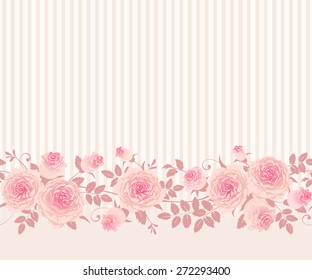 Seamless floral border. Vector pattern with English roses, leaves and stripes.