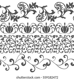 Seamless floral border vector template. Black and white ornament repeating divider.