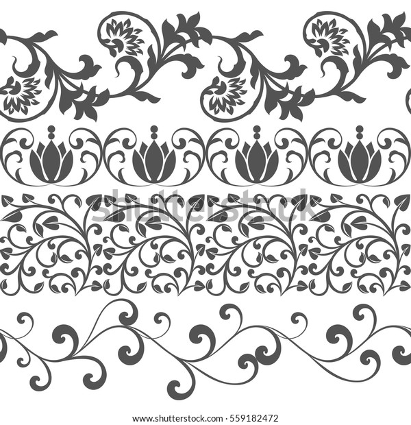 Seamless floral border vector template. Black\
and white ornament repeating\
divider.