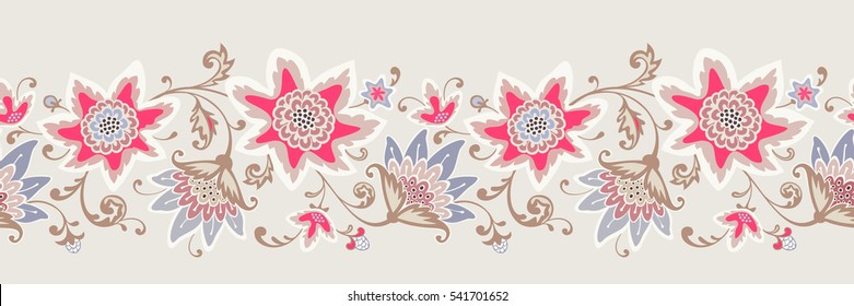 Seamless floral border. Vintage background with flowers and leaves. Vector decorative ornamental pattern.