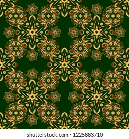 Seamless floral border with vintage golden ornament on green background. Vector golden seamless pattern.