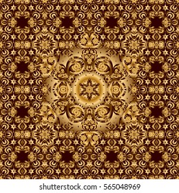Seamless floral border with vintage golden ornament on brown background. Vector golden seamless pattern.