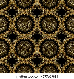 Seamless floral border with vintage golden ornament on black background. Vector golden seamless pattern.