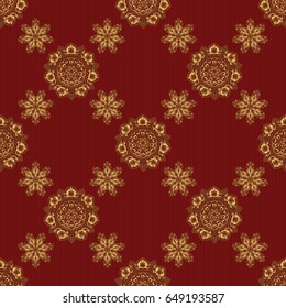 Seamless floral border with vintage golden ornament on red background. Vector golden seamless pattern.