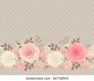 Seamless floral border. Vintage polka dot background with roses and butterflies.