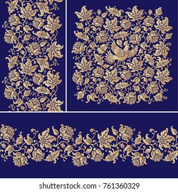 Seamless floral borders and ornamental pattern set . Vintage texture with golden flowers, leaves and bird. Collection of vector backgrounds.