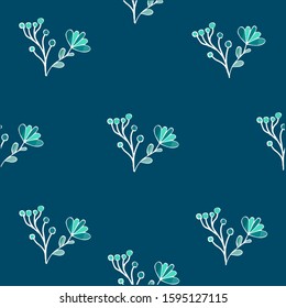 Seamless floral botanical illustration. Watercolor spring flowers hand drawing in scandinavian style on a blue background. Two colors of blue shades. Isolated objects. For textile design, prints.