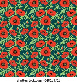 Seamless floral botanical pattern hand drawn realistic poppy flowers green leaves buds, dark background, exquisite feminine style, calico, fabric, wallpaper, quilting, scrapbooking, unique design
