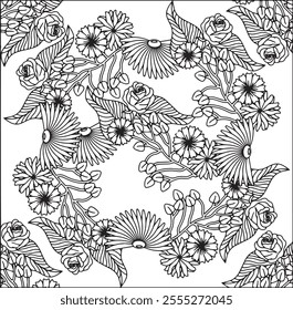 seamless floral botanical wreath pattern coloring book page for adult coloring book page