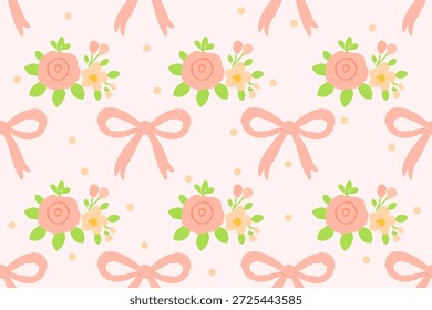 Patrón floral inconsútil del arco con las flores y las cintas rosadas en tonos pastel en el fondo suave, ilustración romántica linda para la tela, vivero, diseño del abrigo del regalo.