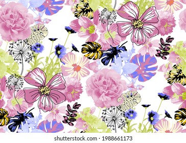 Seamless floral bright colors pattern. Vector illustration. Suitable for fabric, mural, wallpaper paper and the like