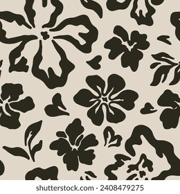 Seamless floral brush pattern ink effect, trendy handmade draw for fabric design, decor, ceramics, greeting cards, flowers, texture print on dark background