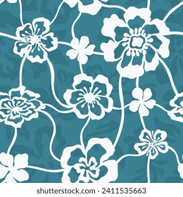 Seamless floral brush pattern ink effect, trendy handmade draw for fabric design, decor, ceramics, greeting cards, flowers, texture print on a turquoise background