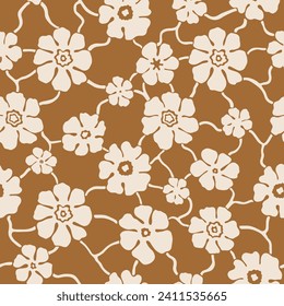 Nahtlose, florale Pinselfarbenwirkung, trendige handgemachte Zeichnungen für Stoffdesign, Dekoration, Keramik, Grußkarten, Blumen, Stoffdruck auf dunkelbraunem Hintergrund
