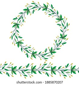 Seamless floral brush and round frame, border with spring branch for greeting cards, package, invitations, posters, banners.