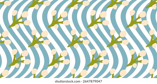 Seamless Floral Bud Wave PatternSeamless Floral Bud Wave Pattern. Seamless pattern with creamy floral buds on green branches and wavy blue and white striped background. Flat style, soft natural colors