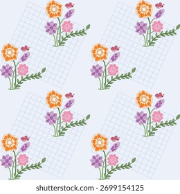Nahtloses Blumenmuster mit kariertem Hintergrund - Modernes botanisches Design