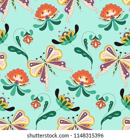 Seamless floral and butterfly coloring pattern on blue stock vector illustration for web, for print