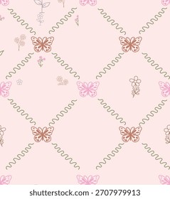 Patrón de mariposa floral sin fisuras con flores delicadas, subgrupos que fluyen y follaje detallado ideal para tela, Fondo de pantalla, papel de regalo y botánico