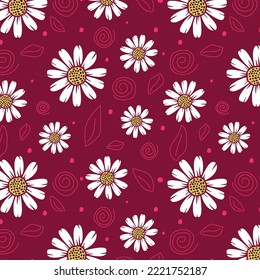 Sensación de manzanilla floral impecable en un estilo boho moderno con un fondo rosa oscuro. Resumen de patrón hippie retro botánico en el estilo de los años 70. Diseño contemporáneo para envolver papel, cubiertas y tela.