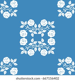 Seamless floral check pattern with stylized boughs of roses. Vintage folk style. White silhouettes on a blue background. Square composition.
