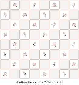 Fondo a cuadros de flores sin foco con flores pequeñas. Patrón vectorial interminable para tela, papel de pared, papel digital, rellenos, etc.