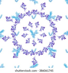 Seamless floral circle pattern. Blue twigs, leaves, foliage and circles on a white background, watercolor, ink.