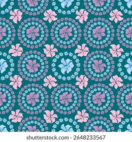 Padrão de círculo floral sem costura com mão desenhada rosa, roxo, e flores azuis no fundo azul, Vintage design decorativo para tecido, papel de parede, envoltório de presente, impressões têxteis e projeto de artesanato criativo
