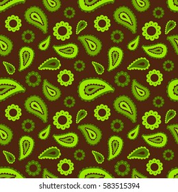 Seamless floral colored pattern with green plants, flowers and leaves on brown or black background. Ethnic oriental print with cucumbers.