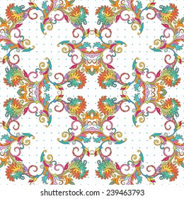 Seamless floral colorful pattern with baroque ornamental elements. Can be used for cards, invitations, fabrics, wallpapers, scrap-booking, ornamental template for design and decoration, etc