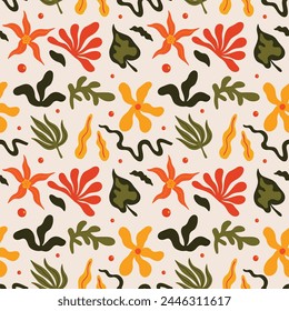 seamless floral colorful vector pattern with abstract flowers, leaf and plants illustrations in cartoon funky groovy style, Perfect for wrapping paper, textile, print, wallpaper, fabric decor