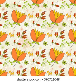 Seamless floral colorful vector pattern. Hand drawn flowers, branches and berries. Perfect for greetings, invitations, manufacture wrapping paper, textile, wedding and web design.
