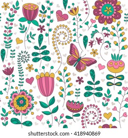 Seamless floral colorful vector pattern. Hand drawn Different floral elements, hearts and butterfly. Perfect for greetings, invitations, manufacture wrapping paper, textile, wedding and web design.