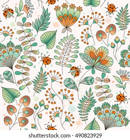 Seamless floral colorful vector pattern. Hand drawn different floral elements and ladybugs. Perfect for greetings, invitations, manufacture wrapping paper, textile, wedding and web design.