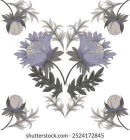 Padrão de composição floral sem costura com flores e folhas. Ilustração a de uma composição floral em cores pastel no estilo William Morris. pode ser usado para o tecido que envolve o papel de azulejos têxteis