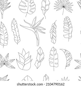 Seamless floral contour pattern with exotic leaves. Endless monochrome texture for your design.