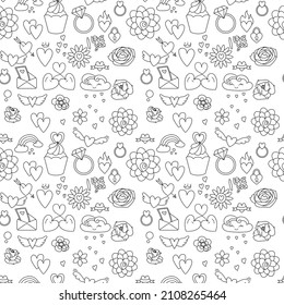 Seamless floral contour pattern with hearts. Endless monochrome texture for your design.