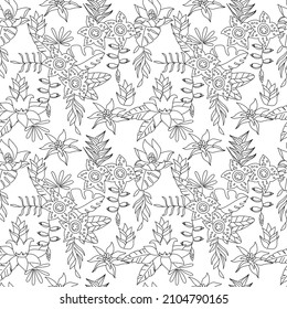Seamless floral contour pattern with tropic and exotic flowers. Endless monochrome botanical texture for your design.