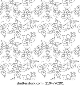 Patrón de contorno floral sin foco con flores tropicales y exóticas. Textura botánica monocroma infinita para su diseño.