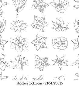 Seamless floral contour pattern with tropic and exotic flowers. Endless monochrome botanical texture for your design.