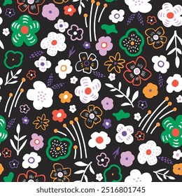Seamless floral creative pattern. Botanical hand drawn flowers  dark texture for fabric, textile. Vector illustration 